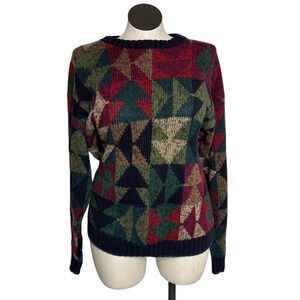 Vintage Abstract Pattern Knit Colorful Crewneck Sweater Womens M Geometric